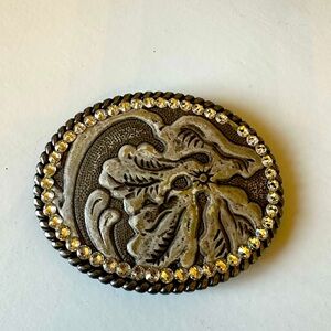 Silver Belt Buckle with Embossed Leather and Crystals by Beth’s Buckles